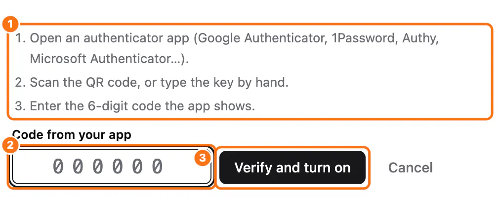 The setup steps on Security: (1) the three steps, (2) the Code from your app field, (3) the Verify and turn on button
