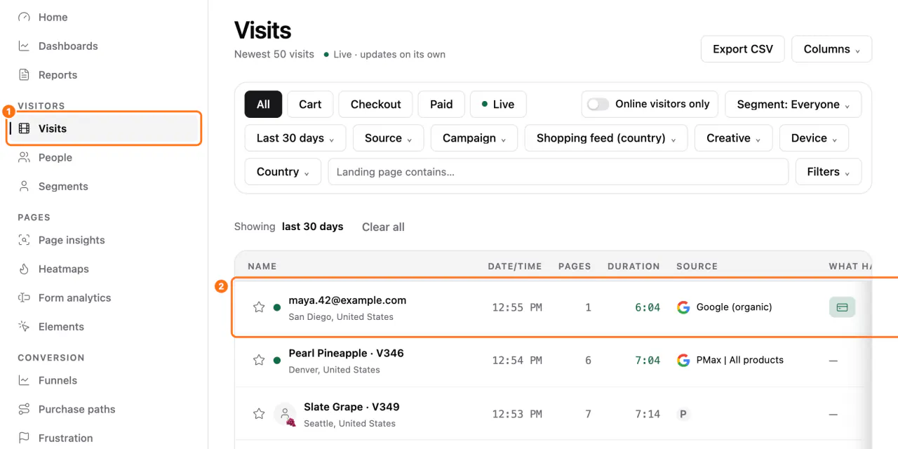 The Visits screen: (1) Visits in the menu, (2) the first visit of the list